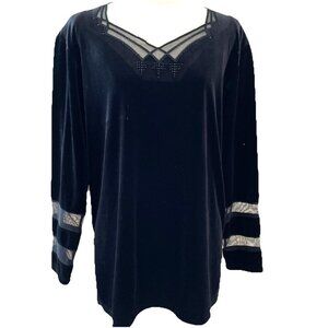 Vintage Clara S Velvet Top Shirt Size Large Black Mesh Trim Sequin Whimsigoth